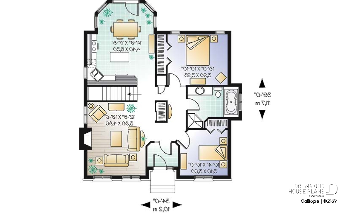 1st level - affordable one-storey home, ideal starter house plan, 2 bedrooms, lots of natural light, fireplace - Calliope