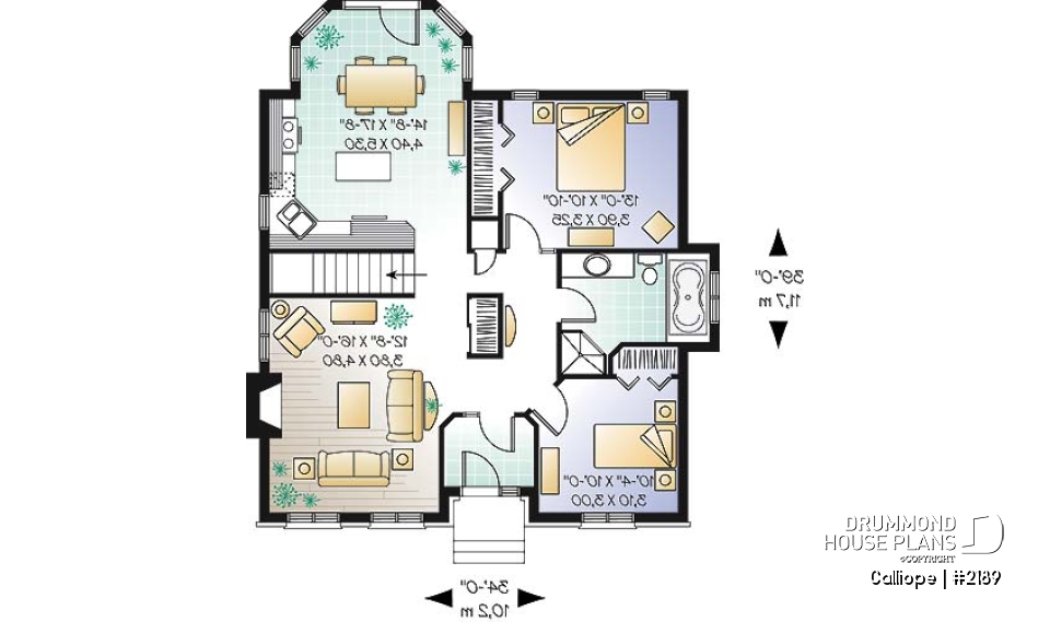 1st level - affordable one-storey home, ideal starter house plan, 2 bedrooms, lots of natural light, fireplace - Calliope