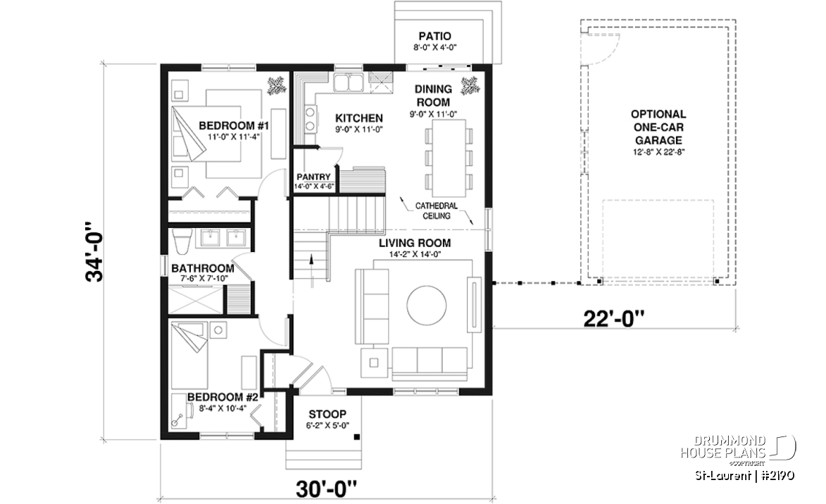 1st level - 2 to 4 bedrooms, small &amp; simple transitional style house plan, optional finished basement ($) - St-Laurent