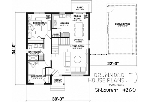 1st level - 2 large bedrooms, small & simple transitional style house plan, very low construction cost, open space - St-Laurent