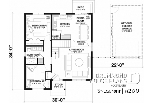 1st level - 2 to 4 bedrooms, small & simple transitional style house plan, very low construction cost, open space - St-Laurent