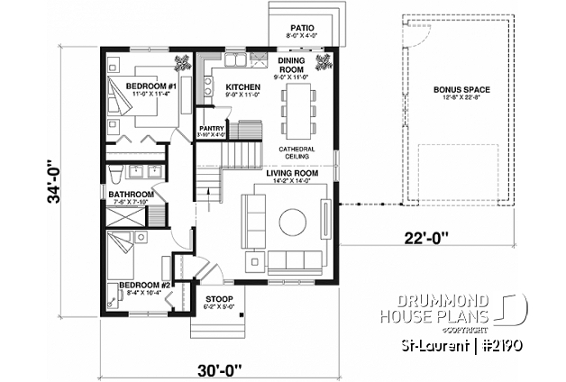 1st level - 2 large bedrooms, small & simple transitional style house plan, very low construction cost, open space - St-Laurent