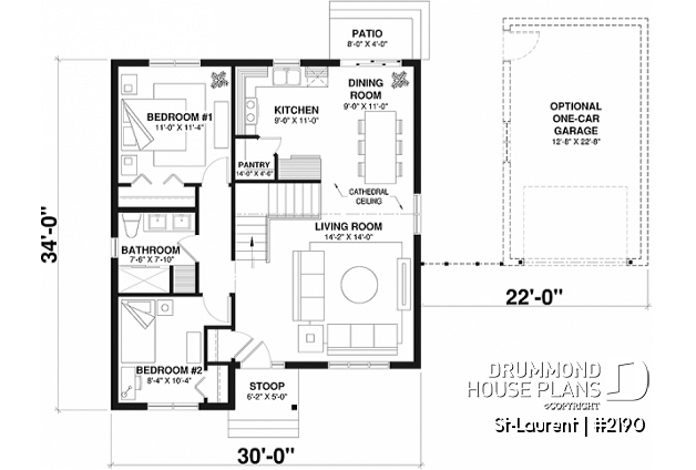 1st level - 2 to 4 bedrooms, small & simple transitional style house plan, very low construction cost, open space - St-Laurent