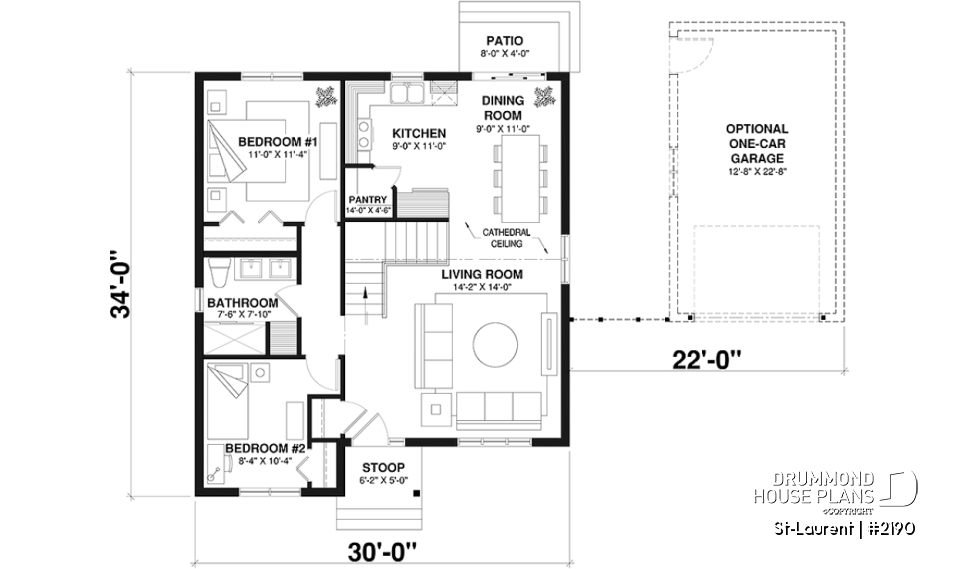 1st level - 2 to 4 bedrooms, small &amp; simple transitional style house plan, optional finished basement ($) - St-Laurent