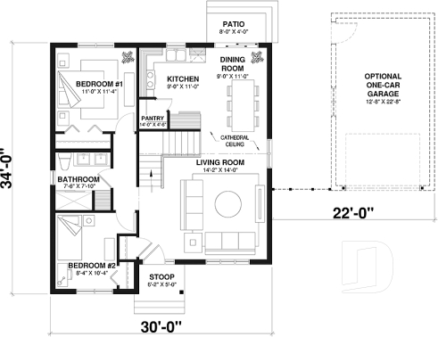 1st level - 2 to 4 bedrooms, small & simple transitional style house plan, optional finished basement ($) - St-Laurent