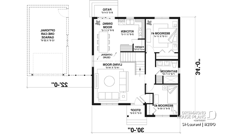 1st level - 2 to 4 bedrooms, small &amp; simple transitional style house plan, optional finished basement ($) - St-Laurent