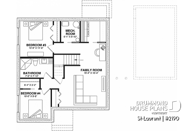 Basement - 2 large bedrooms, small & simple transitional style house plan, very low construction cost, open space - St-Laurent