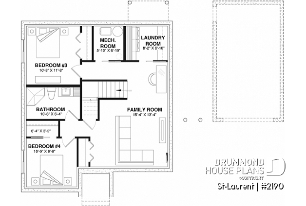 Finished basement - 2 to 4 bedrooms, small & simple transitional style house plan, very low construction cost, open space - St-Laurent