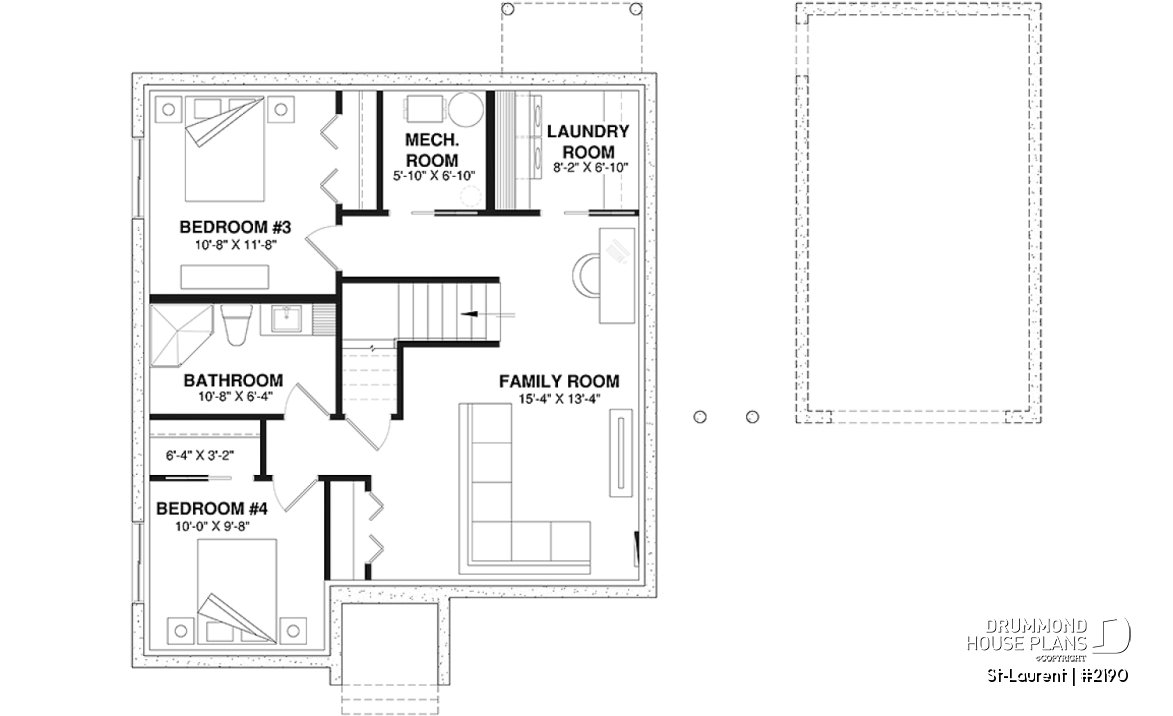 Finished basement (Optional $) - 2 to 4 bedrooms, small &amp; simple transitional style house plan, optional finished basement ($) - St-Laurent