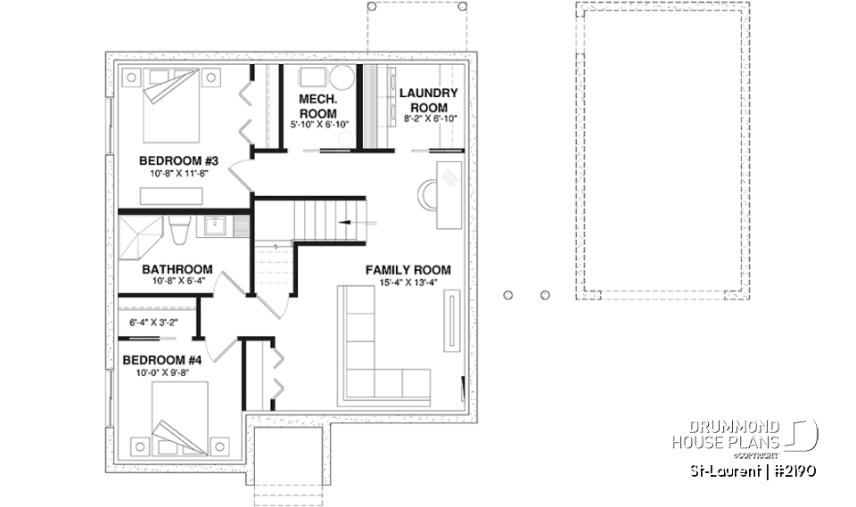Finished basement (Optional $) - 2 to 4 bedrooms, small &amp; simple transitional style house plan, optional finished basement ($) - St-Laurent