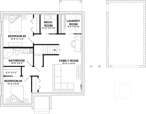 Finished basement (Optional $) - 2 to 4 bedrooms, small & simple transitional style house plan, optional finished basement ($) - St-Laurent