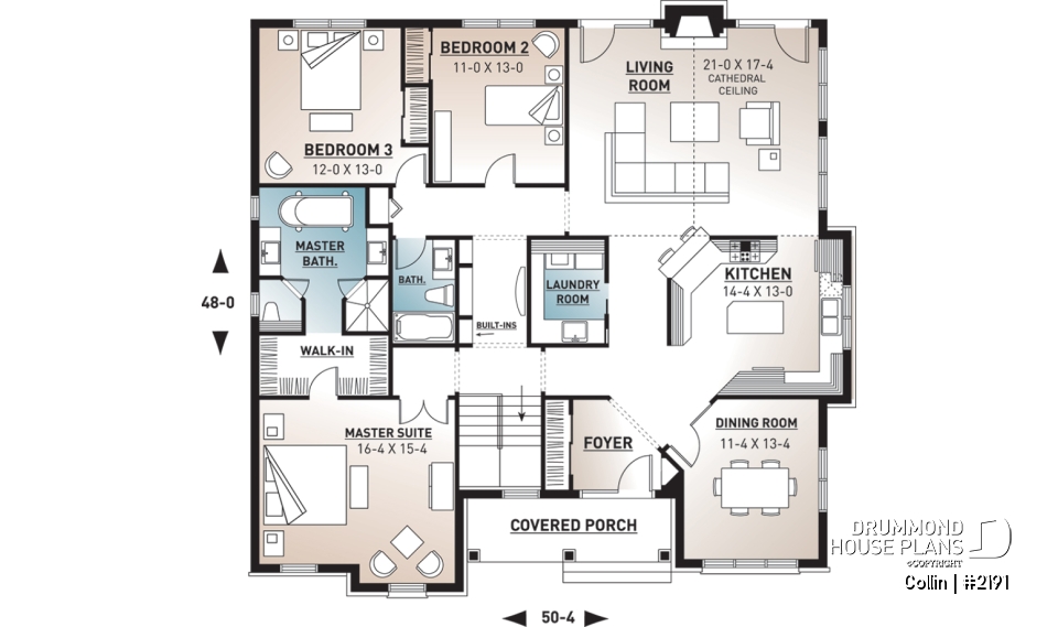 1st level - Ranch bungalow house plan, large master suite, 3 bedrooms, 2 bathrooms, large family room w/fireplace - Collin