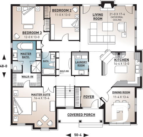 1st level - Ranch bungalow house plan, large master suite, 3 bedrooms, 2 bathrooms, large family room w/fireplace - Collin