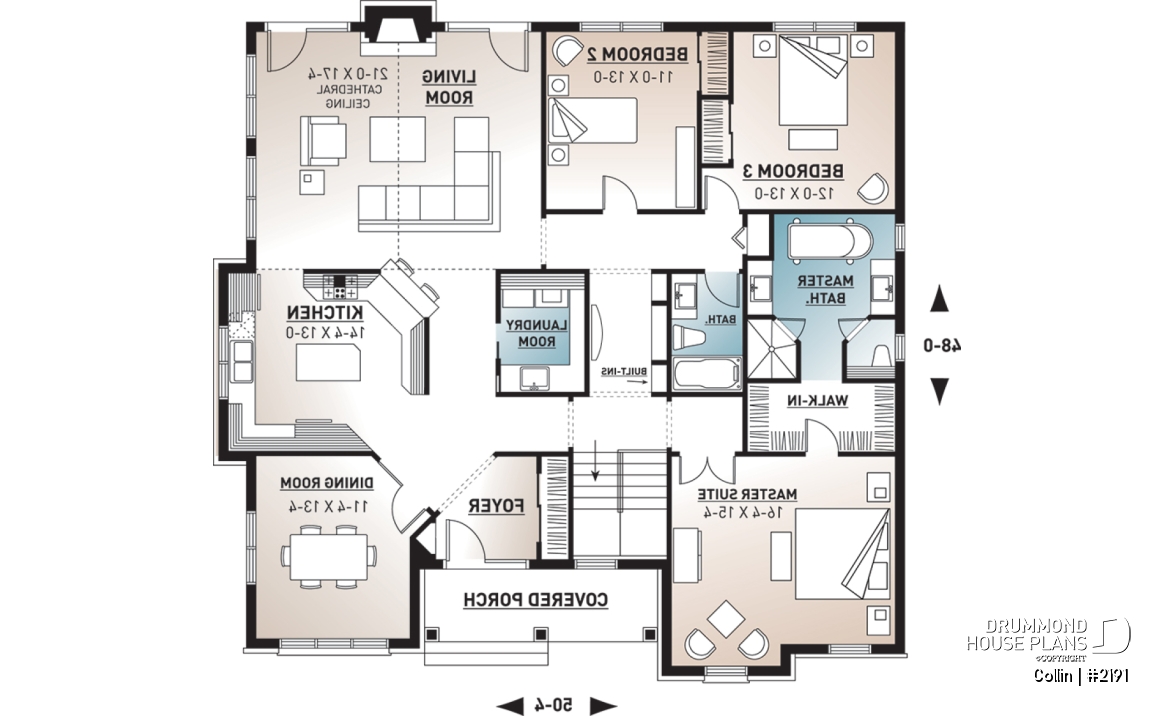 1st level - Ranch bungalow house plan, large master suite, 3 bedrooms, 2 bathrooms, large family room w/fireplace - Collin
