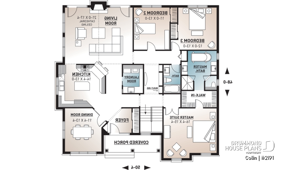 1st level - Ranch bungalow house plan, large master suite, 3 bedrooms, 2 bathrooms, large family room w/fireplace - Collin