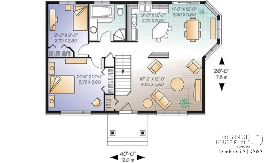 1st level - Great economical design, small ranch house plan, ideal starter home, 2 bedrooms, lots of natural lights - Sandcrest 2