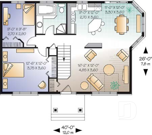 1st level - Great economical design, small ranch house plan, ideal starter home, 2 bedrooms, lots of natural lights - Sandcrest 2