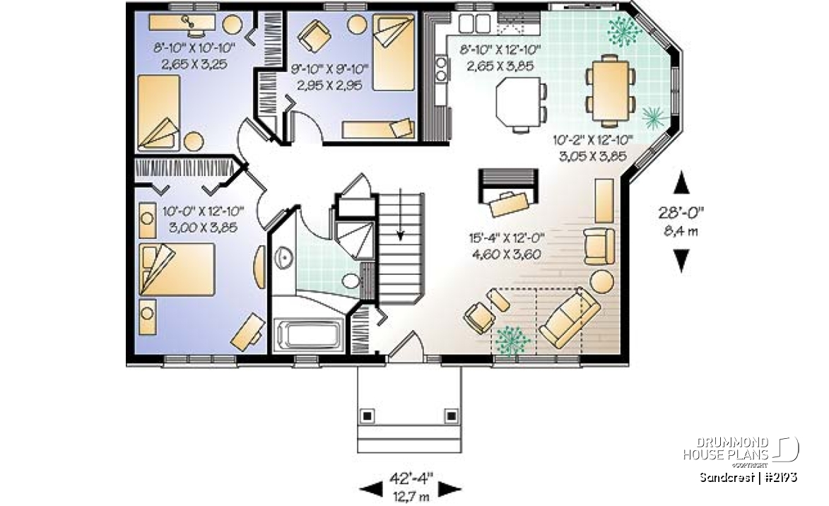 1st level - Traditional one floor 3 bedroom house plan, kitchen island,  full family bathroom, lots of  natural lights - Sandcrest