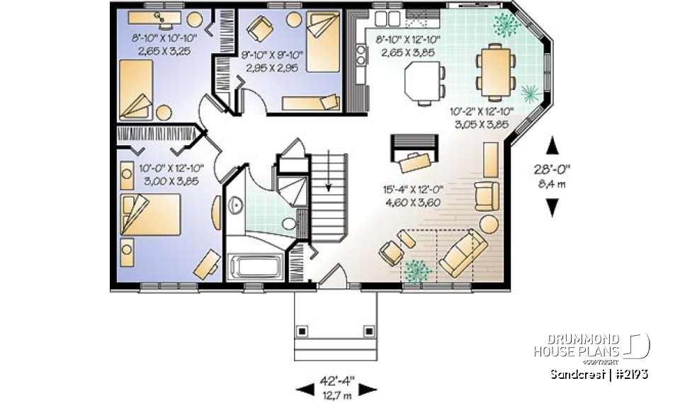 1st level - Traditional one floor 3 bedroom house plan, kitchen island,  full family bathroom, lots of  natural lights - Sandcrest