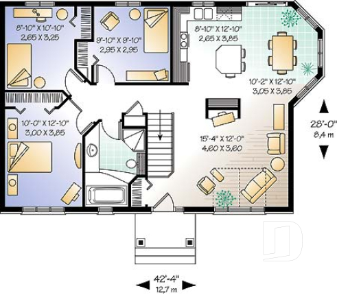 1st level - Traditional one floor 3 bedroom house plan, kitchen island,  full family bathroom, lots of  natural lights - Sandcrest