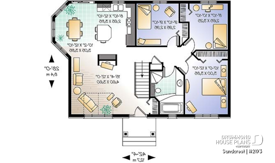 1st level - Traditional one floor 3 bedroom house plan, kitchen island,  full family bathroom, lots of  natural lights - Sandcrest