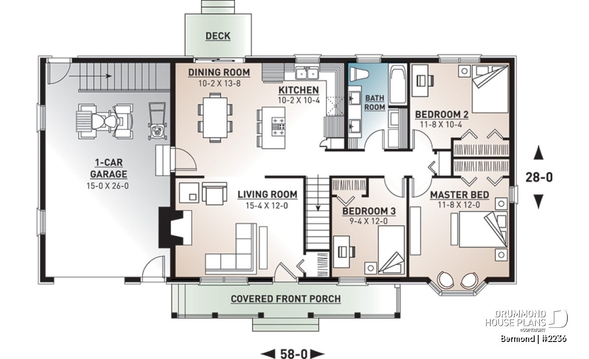 1st level - Traditional Ranch Bungalow house plan with garage, 3 bedrooms, affordable construction cost, great kitchen - Bermond