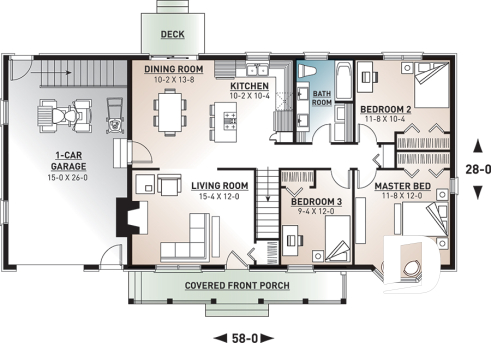 1st level - Traditional Ranch Bungalow house plan with garage, 3 bedrooms, affordable construction cost, great kitchen - Bermond
