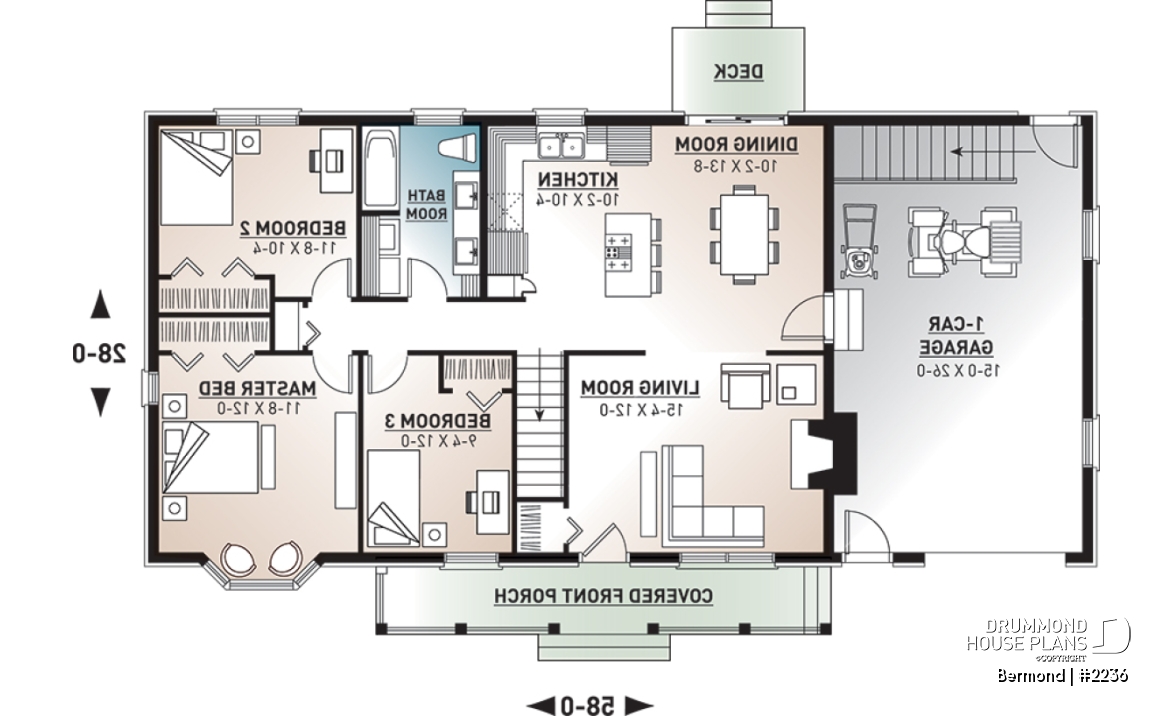 1st level - Traditional Ranch Bungalow house plan with garage, 3 bedrooms, affordable construction cost, great kitchen - Bermond