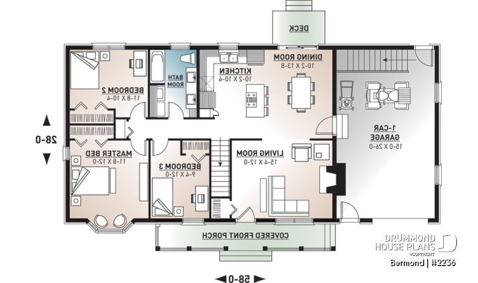 1st level - Traditional Ranch Bungalow house plan with garage, 3 bedrooms, affordable construction cost, great kitchen - Bermond