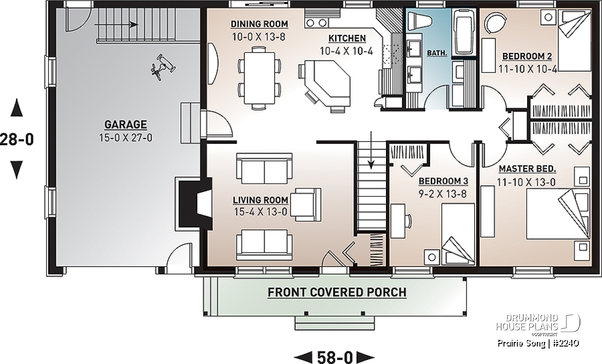 1st level - Bungalow Ranch house plan with 3 bedrooms, open floor plan, kitchen island, fireplace and one-car garage - Prairie Song
