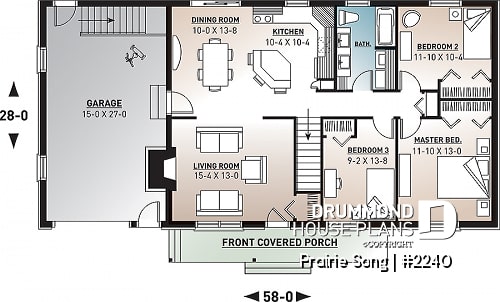1st level - Bungalow Ranch house plan with 3 bedrooms, open floor plan, kitchen island, fireplace and one-car garage - Prairie Song
