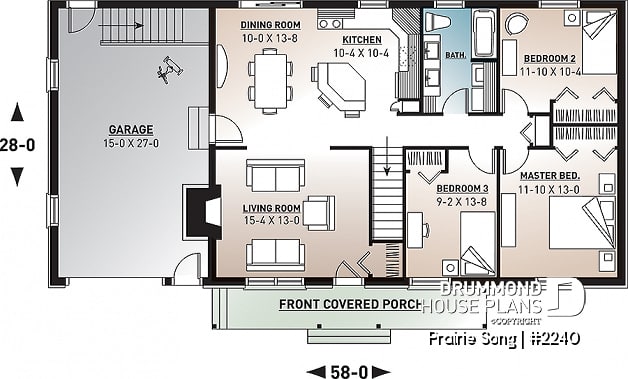 1st level - Bungalow Ranch house plan with 3 bedrooms, open floor plan, kitchen island, fireplace and one-car garage - Prairie Song