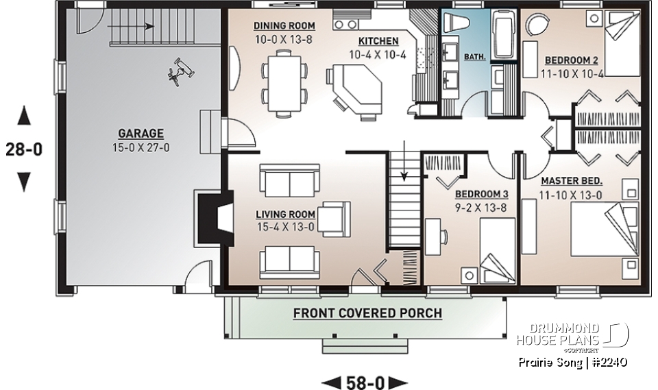 1st level - Bungalow Ranch house plan with 3 bedrooms, open floor plan, kitchen island, fireplace and one-car garage - Prairie Song