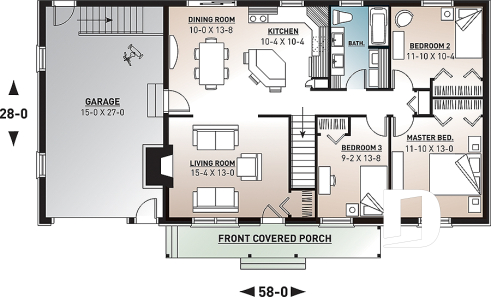 1st level - Bungalow Ranch house plan with 3 bedrooms, open floor plan, kitchen island, fireplace and one-car garage - Prairie Song