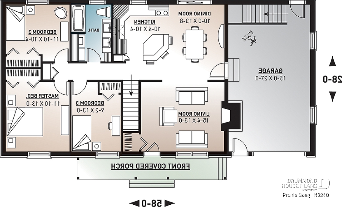 1st level - Bungalow Ranch house plan with 3 bedrooms, open floor plan, kitchen island, fireplace and one-car garage - Prairie Song