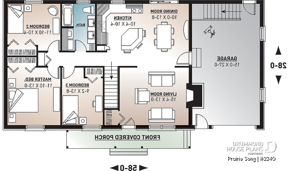 1st level - Bungalow Ranch house plan with 3 bedrooms, open floor plan, kitchen island, fireplace and one-car garage - Prairie Song