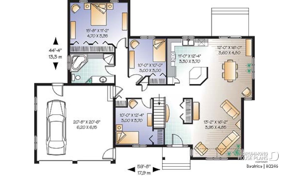1st level - Spacious 3 bedroom ranch style house plan with 2-car garage and cathedral ceiling in living room - Beatrice