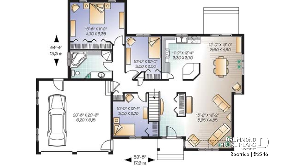 1st level - Spacious 3 bedroom ranch style house plan with 2-car garage and cathedral ceiling in living room - Beatrice