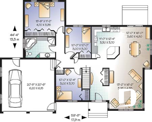 1st level - Spacious 3 bedroom ranch style house plan with 2-car garage and cathedral ceiling in living room - Beatrice