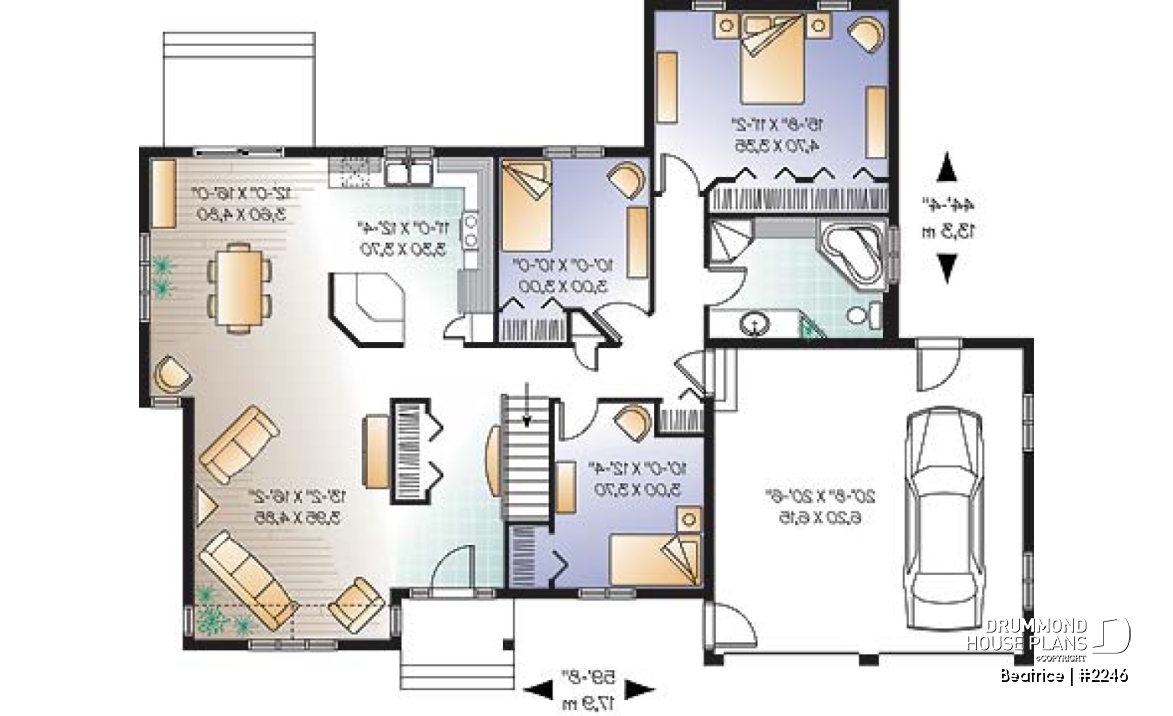 1st level - Spacious 3 bedroom ranch style house plan with 2-car garage and cathedral ceiling in living room - Beatrice