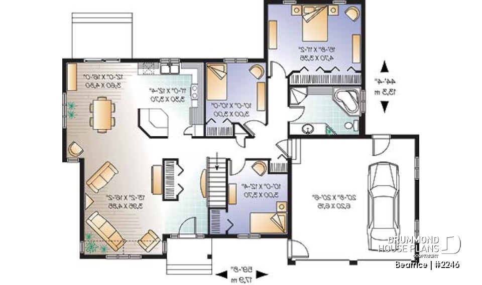 1st level - Spacious 3 bedroom ranch style house plan with 2-car garage and cathedral ceiling in living room - Beatrice