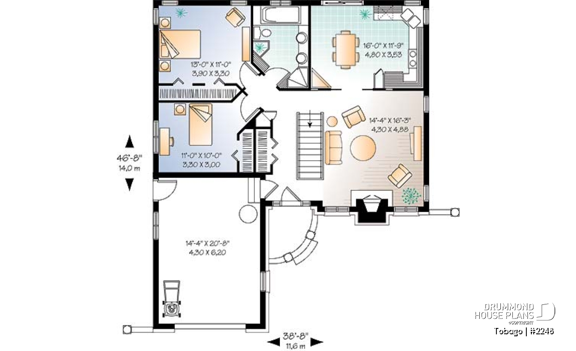 1st level - American style one storey home plan with 2 bedrooms, large kitchen, fireplace in living room &amp; one-car garage - Tobago