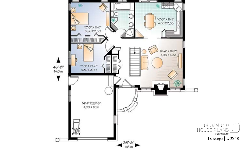 1st level - American style one storey home plan with 2 bedrooms, large kitchen, fireplace in living room &amp; one-car garage - Tobago