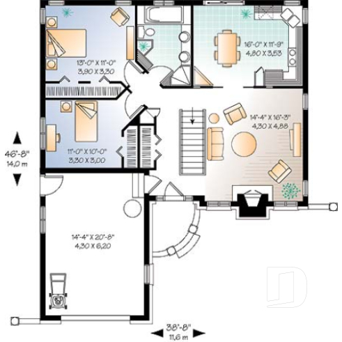1st level - American style one storey home plan with 2 bedrooms, large kitchen, fireplace in living room & one-car garage - Tobago