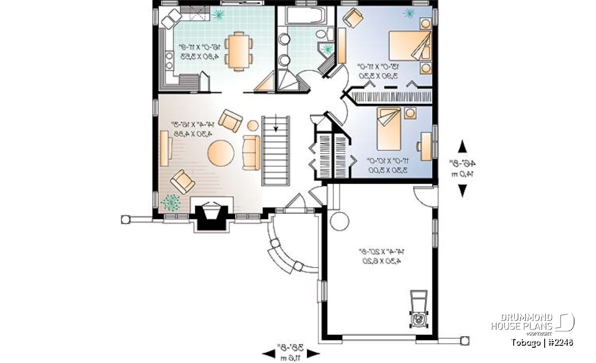 1st level - American style one storey home plan with 2 bedrooms, large kitchen, fireplace in living room &amp; one-car garage - Tobago