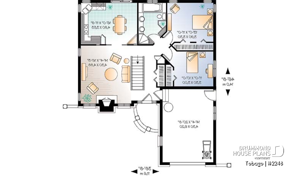 1st level - American style one storey home plan with 2 bedrooms, large kitchen, fireplace in living room &amp; one-car garage - Tobago