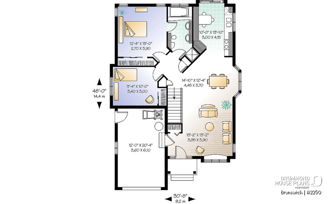 1st level - Small one-storey house plan with 2 bedrooms, one-car garage and lots of natural light - Brunswick