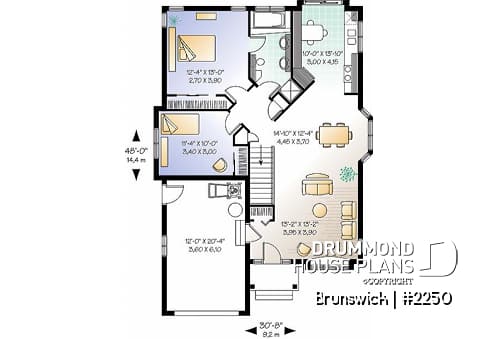1st level - Small one-storey house plan with 2 bedrooms, one-car garage and lots of natural light - Brunswick