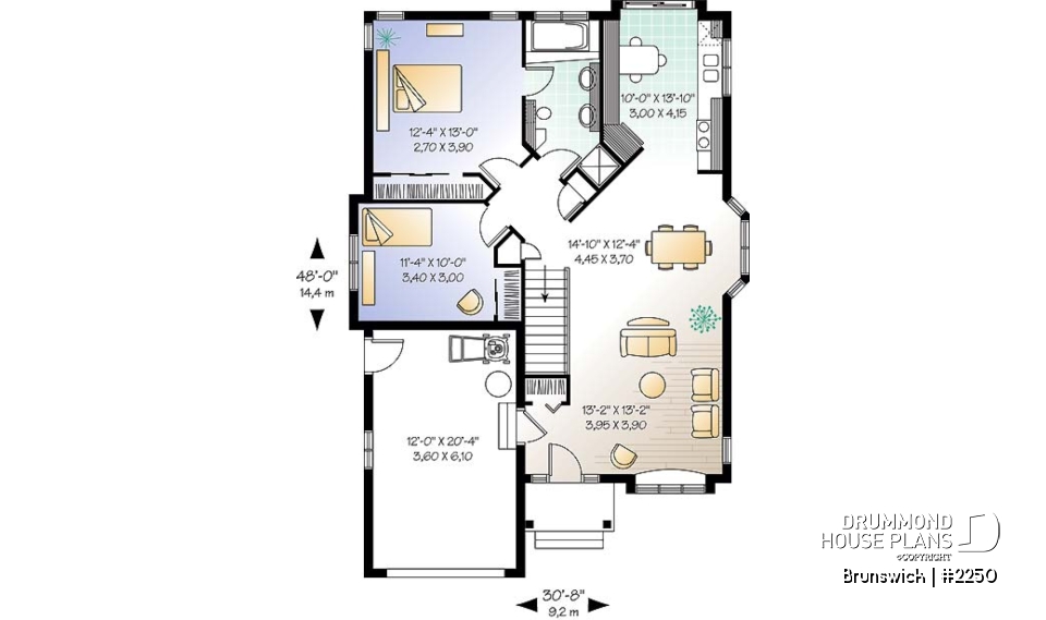1st level - Small one-storey house plan with 2 bedrooms, one-car garage and lots of natural light - Brunswick