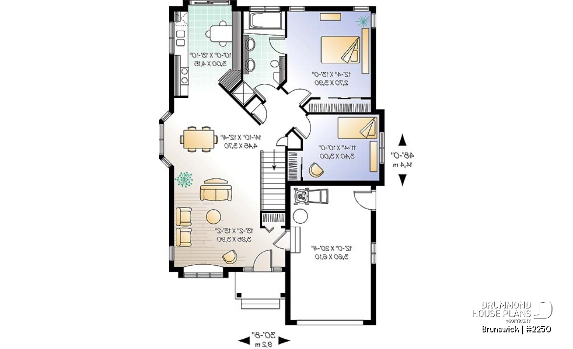 1st level - Small one-storey house plan with 2 bedrooms, one-car garage and lots of natural light - Brunswick
